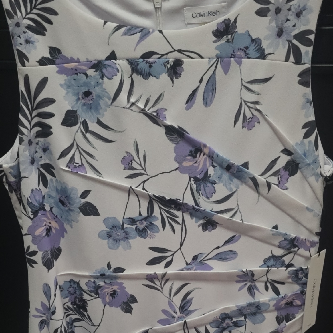 Calvin Klein White Dress With Blue And Purple Floral Pattern